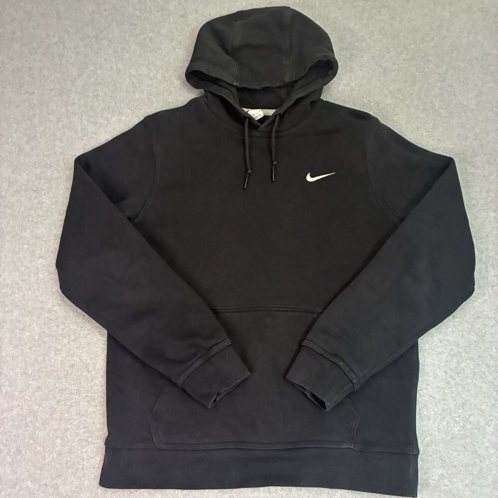 Nike Hoodie Men Medium Black Pullover Sweatshirt Swoosh Fleece Essential